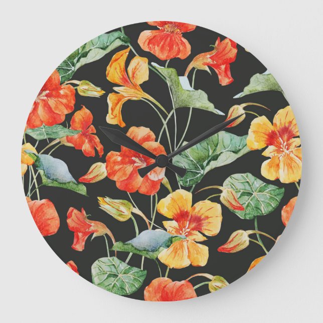 Nasturtium Orange: Watercolor Dark Pattern. Large Clock (Front)