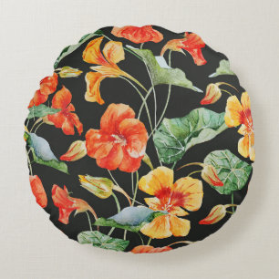 Nasturtium Orange: Watercolor Dark Pattern. Round Cushion