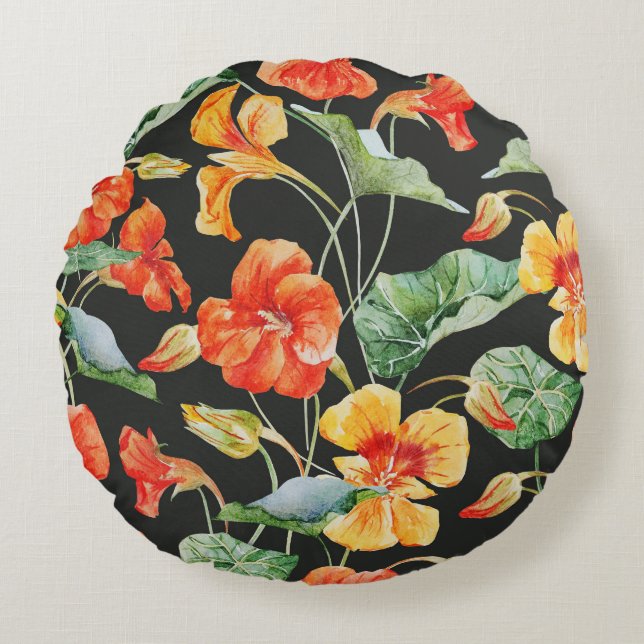 Nasturtium Orange: Watercolor Dark Pattern. Round Cushion (Front)