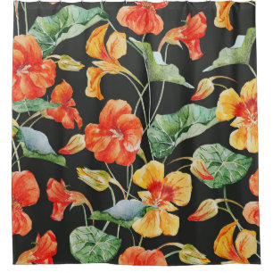 Nasturtium Orange: Watercolor Dark Pattern. Shower Curtain