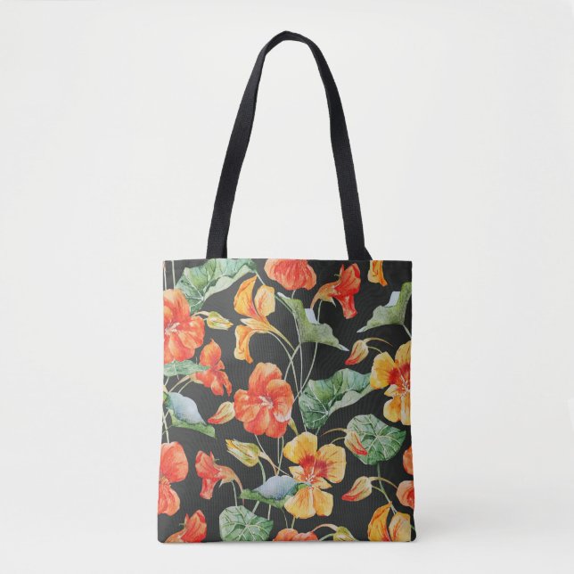Nasturtium Orange: Watercolor Dark Pattern. Tote Bag (Front)