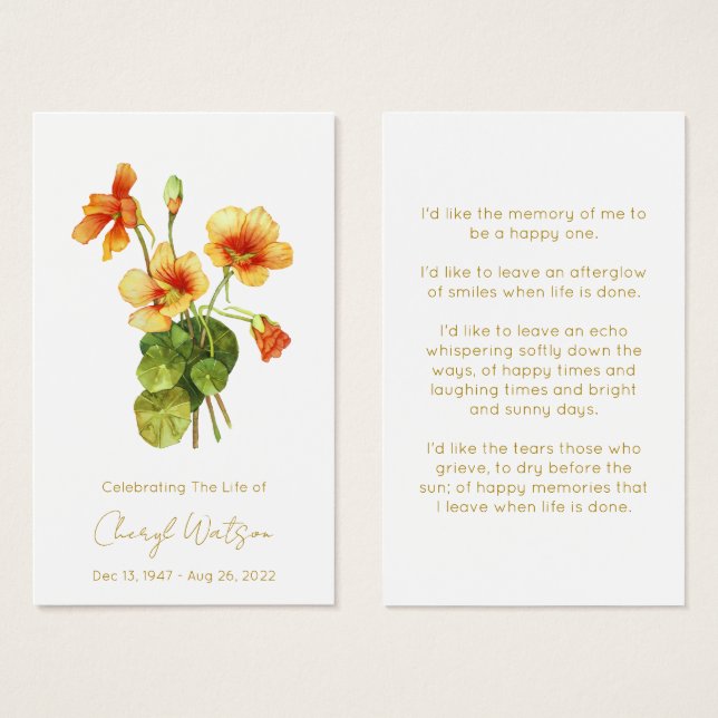 Nasturtium | Simple Funeral Memorial Prayer Card (Front & Back)