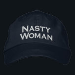 Nasty Woman, bold white text on navy blue Embroidered Hat<br><div class="desc">Proudly display your rebellious feminist attitude by wearing a baseball cap featuring the words "Nasty Woman" embroidered in bold white text on a navy blue background. Hats are available in other colours in the sidebar. To see the design Nasty Woman on other items, click the "Rocklawn Arts" collection link below....</div>