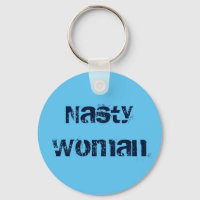 Nasty Woman, distressed navy text on sky blue