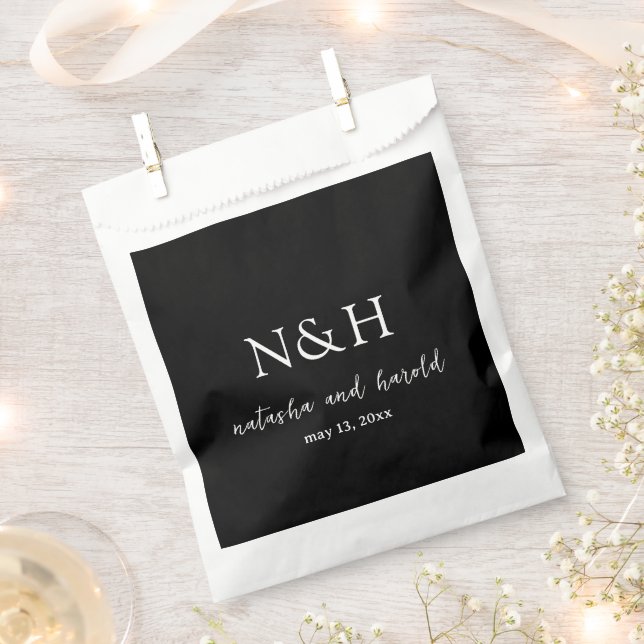Natasha Black Monogram Modern Wedding Favour Bags (Clipped)