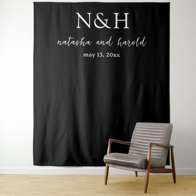 Natasha Black Monogram Modern Wedding Tapestry (In Situ)