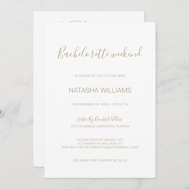 Natasha Gold Bachelorette Weekend with Itinerary Invitation (Front/Back)