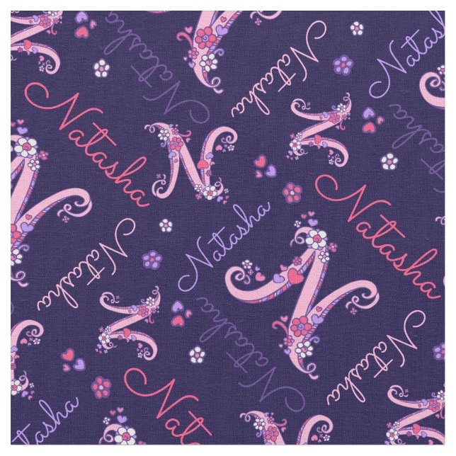 Natasha letter N monogram heart flowers fabric (Close Up)
