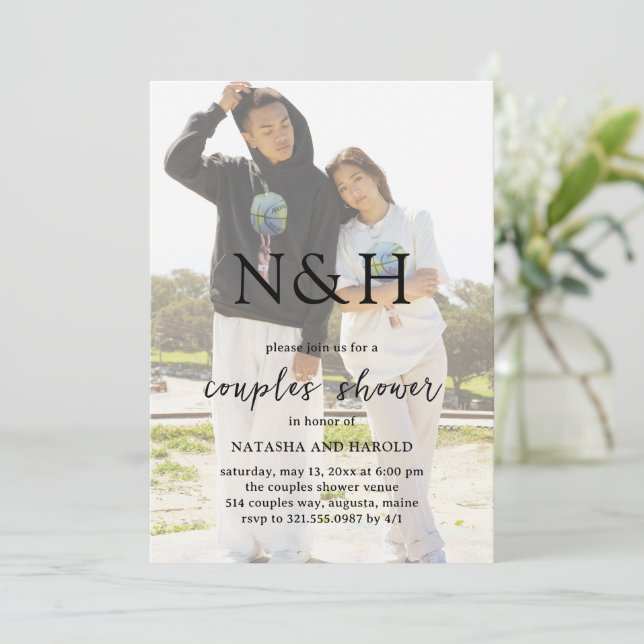 Natasha Photo Monogram Modern Couples Shower Invitation (Standing Front)