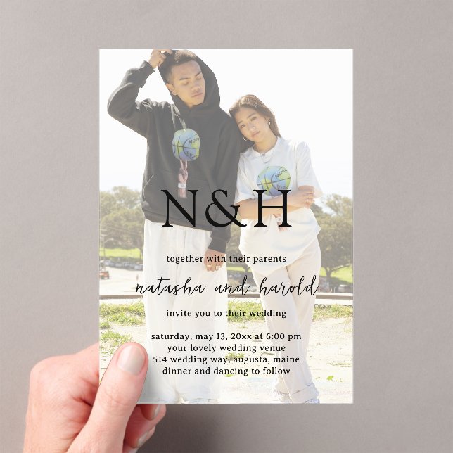 Natasha Photo Monogram Modern Wedding Acrylic Invitations (Insitu (Handheld))