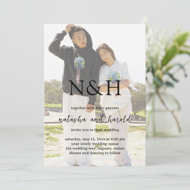 Natasha Photo Monogram Modern Wedding Invitation (Standing Front)