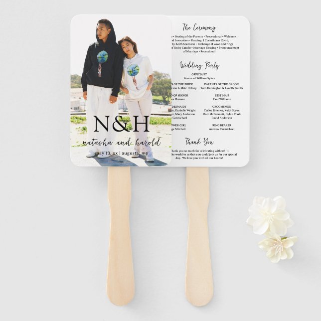Natasha Photo Monogram Modern Wedding Program Hand Fan (Front and Back)