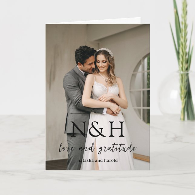 Natasha Photo Monogram Modern Wedding Thank You Card (Front)