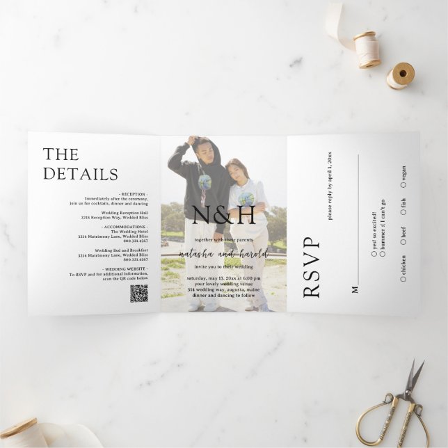 Natasha Photo Monogram Modern Wedding Tri-Fold Invitation (Inside)