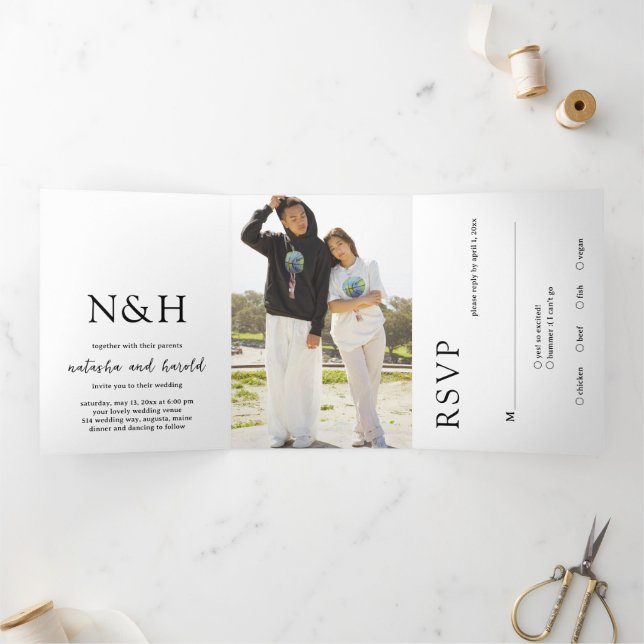 Natasha Photo Monogram Modern Wedding Tri-Fold Invitation (Inside)