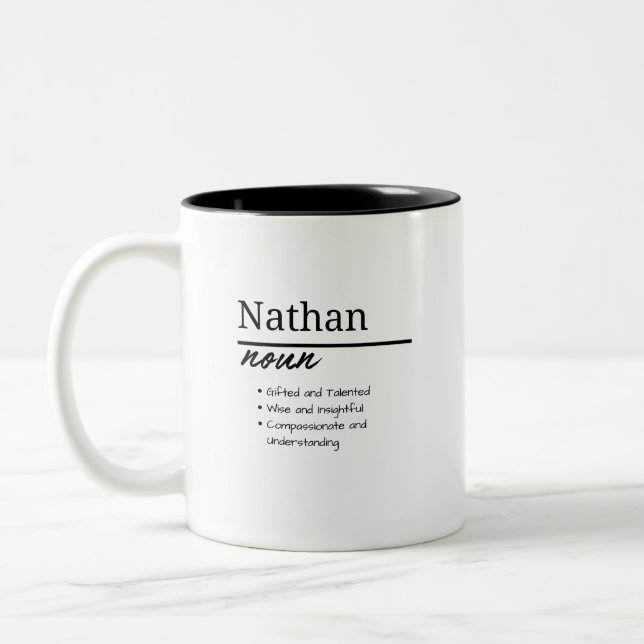 Nathan, Boy Personalised Name Definition Two-Tone Coffee Mug (Left)