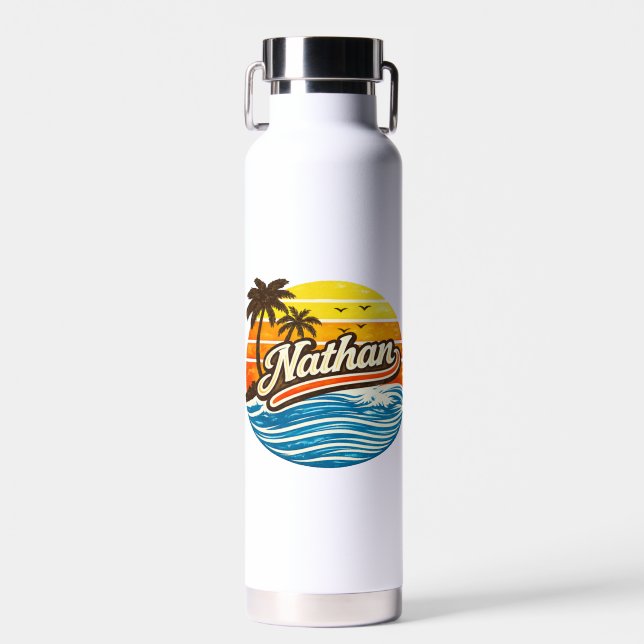 Nathan Retro Sunset Name Design Water Bottle (Front)