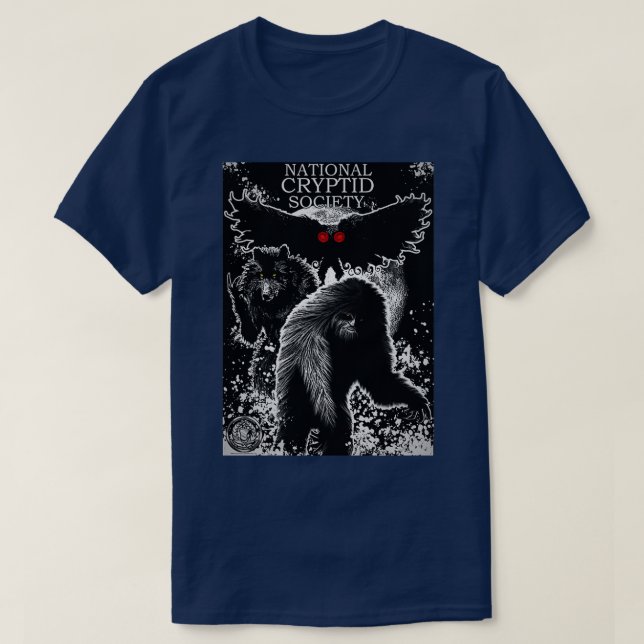 National Cryptid Society Bigfoot Dogman and Mothma T-Shirt (Design Front)