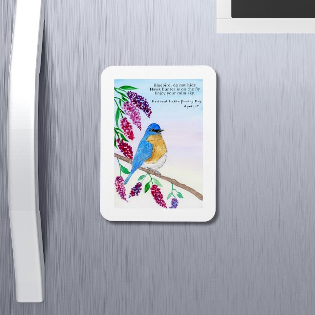 National Haiku Watercolor Blue Bird In Lilac Tree Magnet (Creator Uploaded)