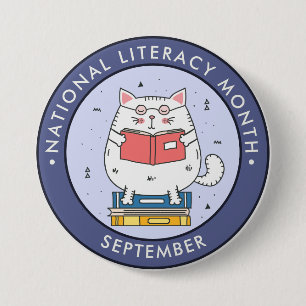 National Literacy Month, reading cat blue 7.5 Cm Round Badge