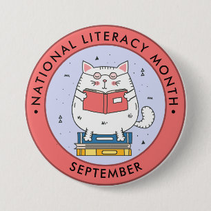 National Literacy Month, reading cat, pink 7.5 Cm Round Badge