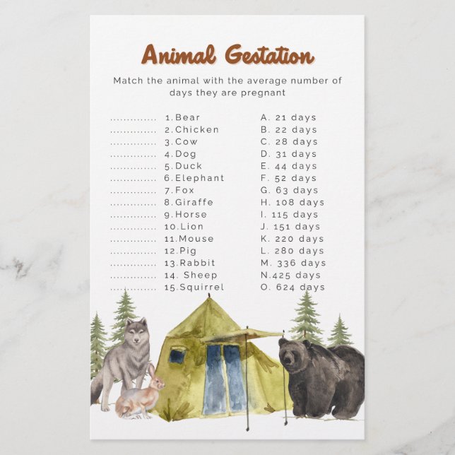 National Park Baby Shower Game - Animal Gestation Flyer (Front)