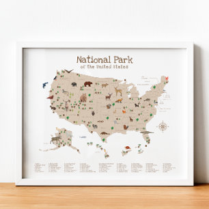 National Park Map Woodland Animal Nursery Print