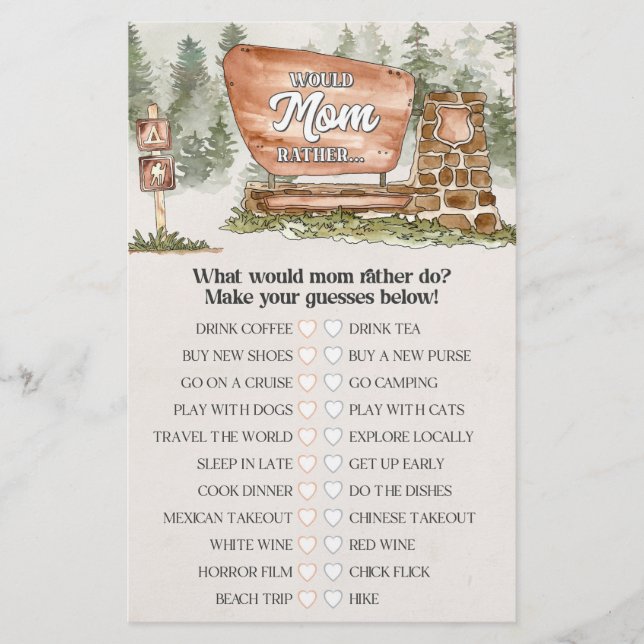 national park would mum rather baby shower game  (Front)