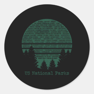 National Parks List Usa Word Art Cloud Trees Campi Classic Round Sticker