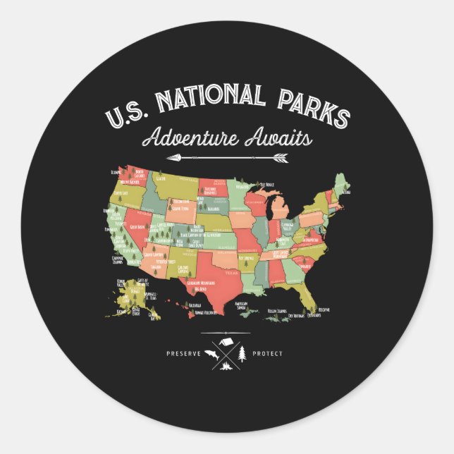 National Parks Map 59 Us Camg Hiking Classic Round Sticker (Front)