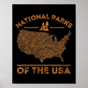 National Parks Map Hiking Travel Camping Outdoors Poster