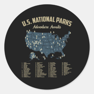 National Parks Map Us Camping Hiking Outdoor Men W Classic Round Sticker