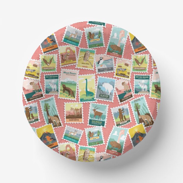 National Parks Stamps in Pink Paper Plate (Front)