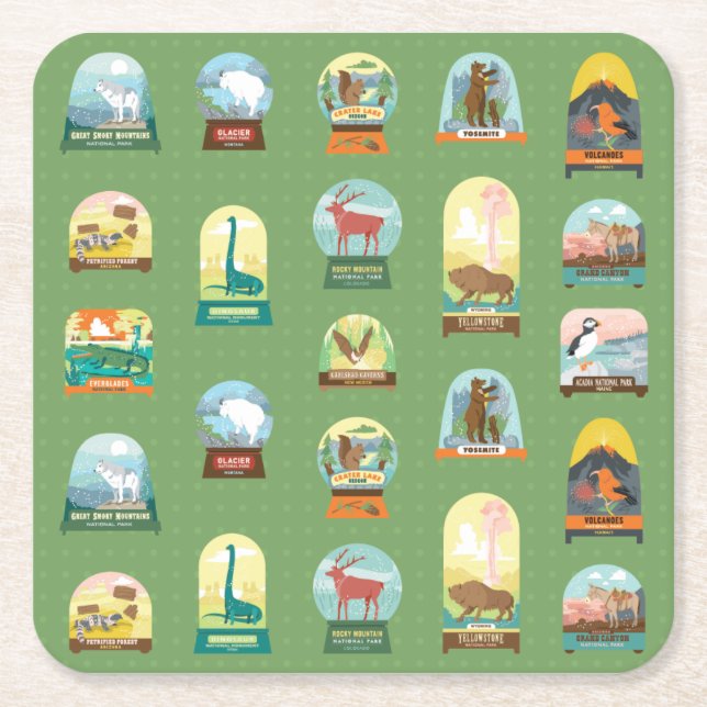 National Parks Stamps Napkins in Green Square Paper Coaster (Front)