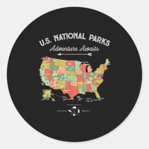 National Parks T Shirt Map Camping Women Men Hikin Classic Round Sticker