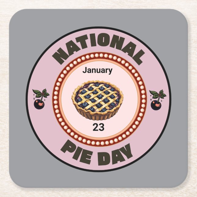 National Pie Day Cherry Pie Square Paper Coaster (Front)