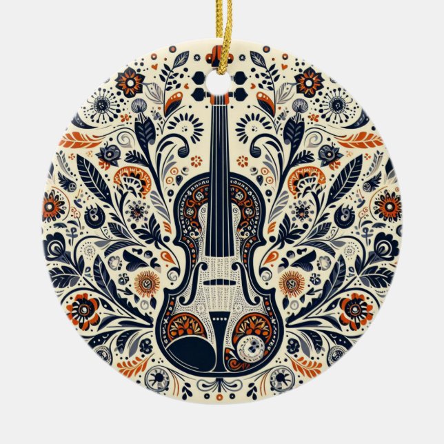  National Violin Day Melody Sticker with Folk Art  Ceramic Tree Decoration (Front)