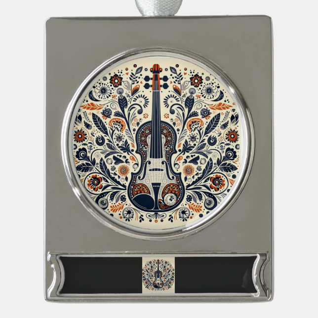  National Violin Day Melody Sticker with Folk Art  Silver Plated Banner Ornament (Front)