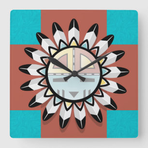 Native American Abstract Art Hopi Mask Square Wall Clock