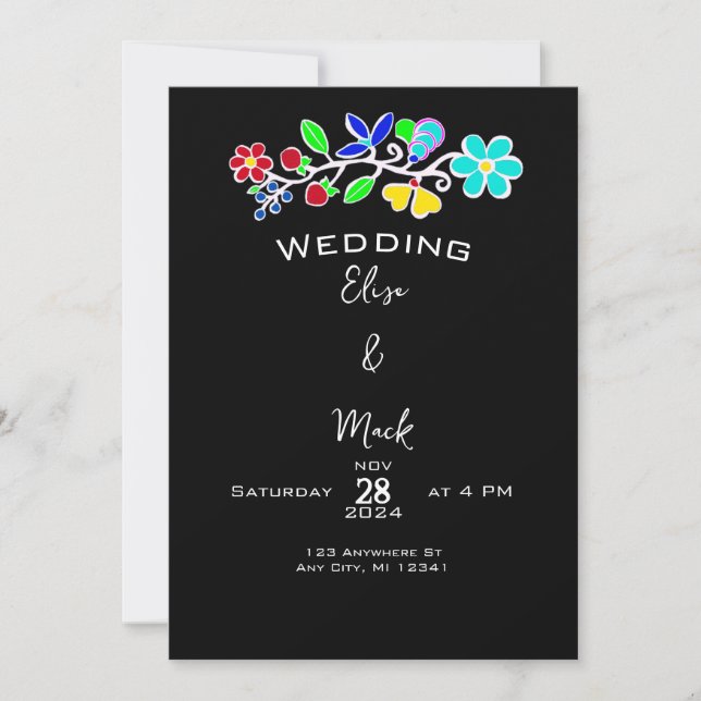 Native American Anishinaabe Floral Black Wedding Invitation (Front)