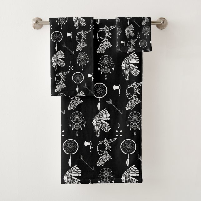 Native American Apache Chief Indian Pattern Bath Towel Set (Insitu)