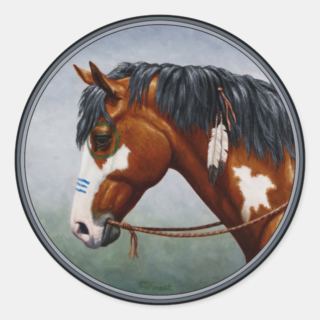 Native American Bay Pinto War Horse Classic Round Sticker (Front)