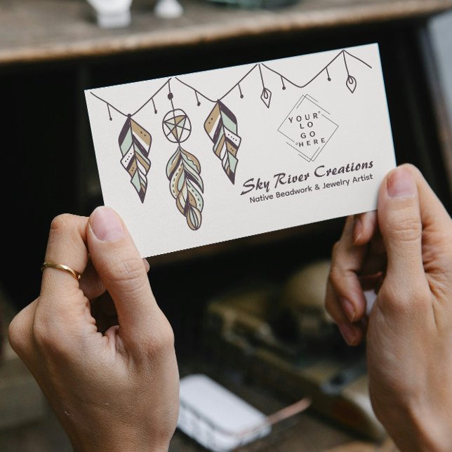 Native American Boho Feather Artisans Craftspeople Business Card (native american Boho tribal feather and dreamcatcher design, Native-inspired artisan pattern Ethnic )