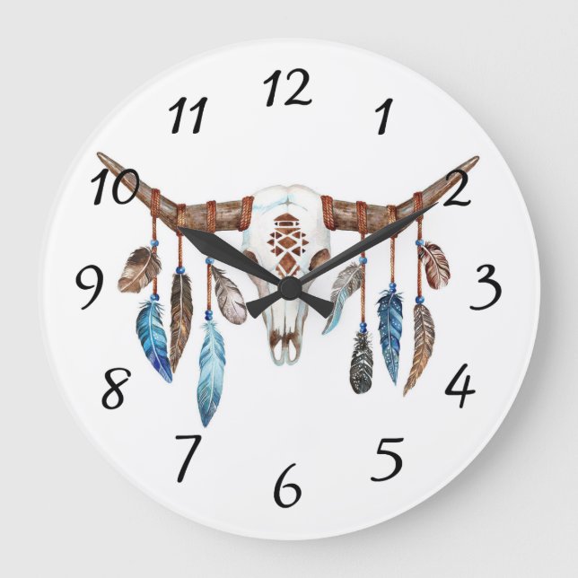Native American Bull Skull Painting Large Clock (Front)