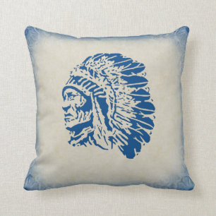 Native American Chief Blue Silhouette Pillow