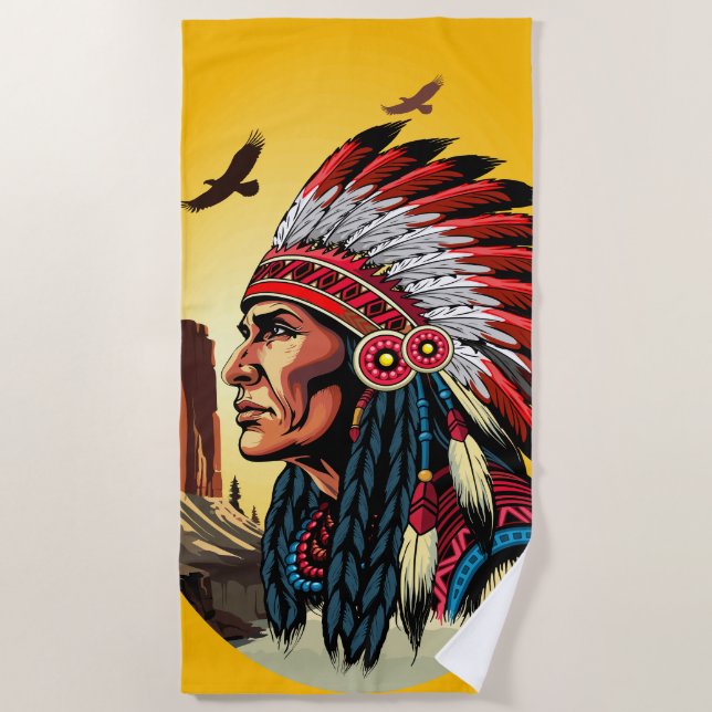 Native American Chief on wild Landscape Sunset Beach Towel (Front)