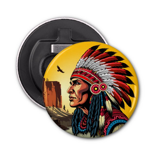 Native American Chief on wild Landscape Sunset Bottle Opener (Front)