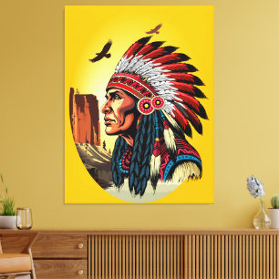 Native American Chief on wild Landscape Sunset Canvas Print