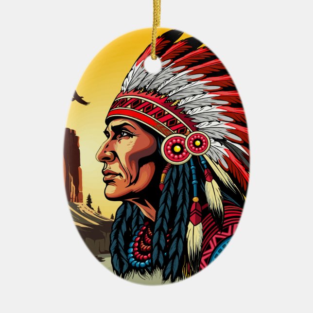 Native American Chief on wild Landscape Sunset Ceramic Tree Decoration (Front)