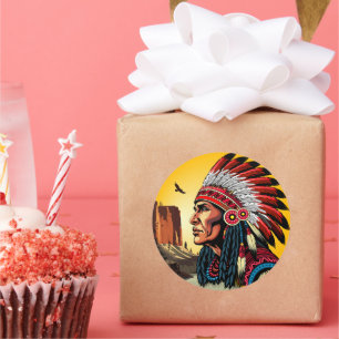 Native American Chief on wild Landscape Sunset Classic Round Sticker